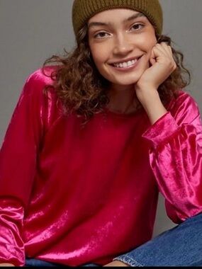 Anthropologie Maeve Candace Fuchsia Velvet Top XL Velour Long Raglan Sleeves